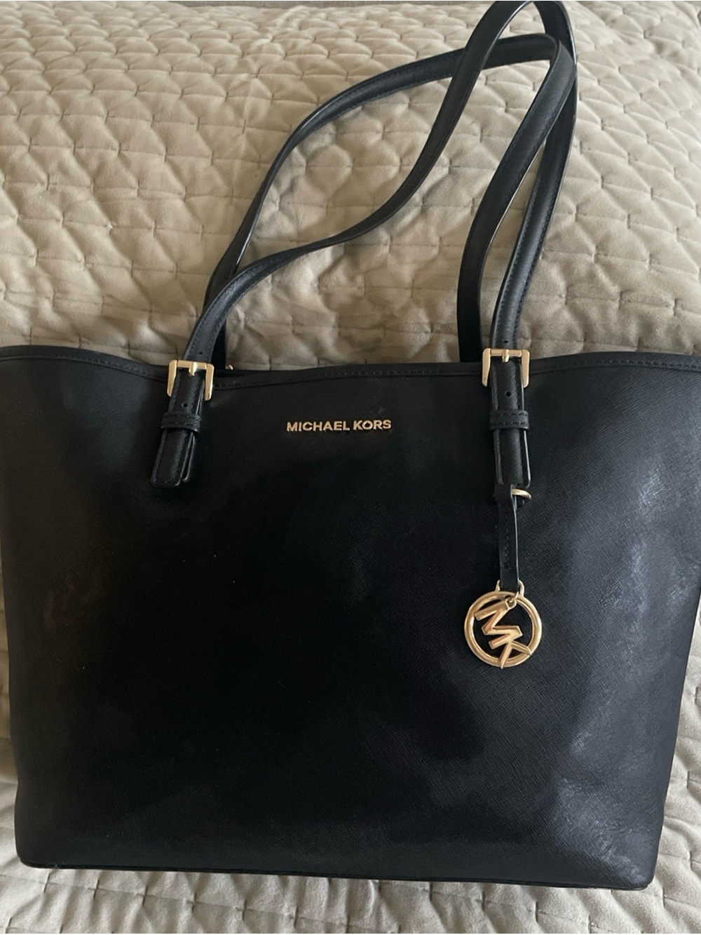 Michael Kors Black Leather Tote with Gold Logo Charm